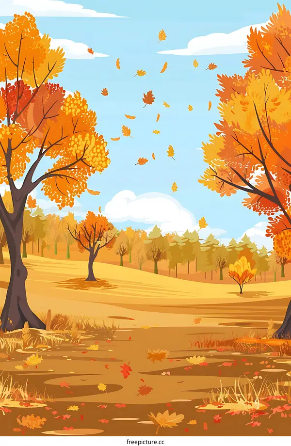 Autumn Landscape with Falling Leaves and Trees