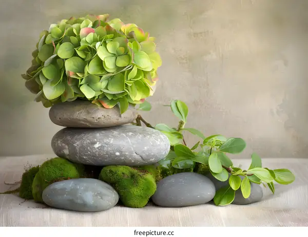 Green Hydrangea Flower with Rocks and Moss