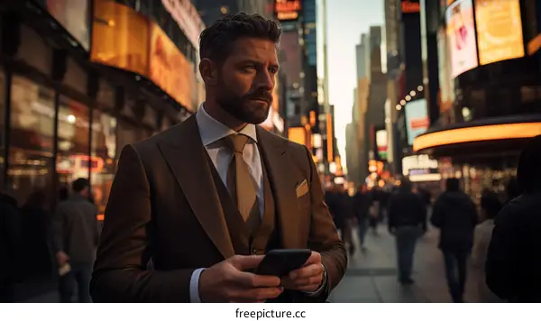 A man in a suit is walking down a busy street in the city.
