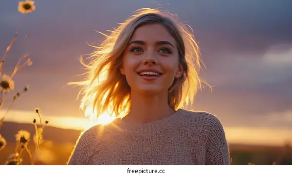 Woman Enjoying a Beautiful Sunset in Nature
