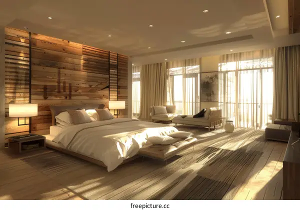 Modern Minimalist Bedroom Interior Design With Wooden Wall
