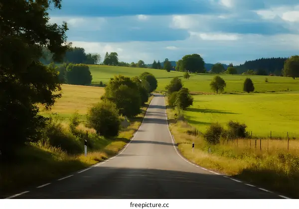 A peaceful country road surrounded by lush green fields and trees