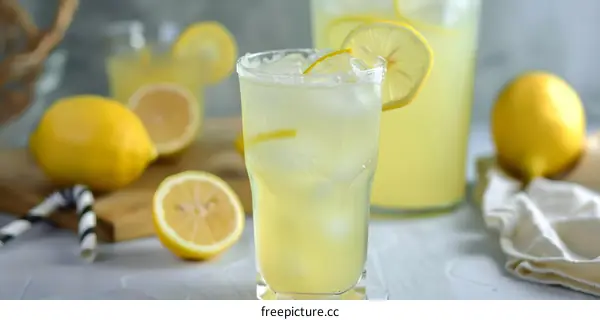 Glass of Lemonade with Ice and Lemon Slice