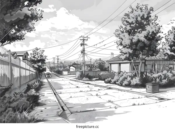 Black and White Illustration of a Suburban Street with a Car in the Distance