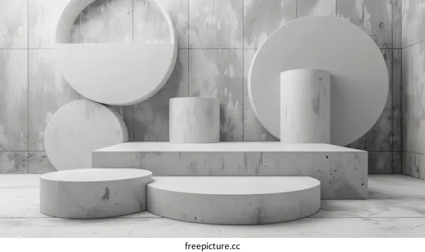 3D Concrete Room with Podiums and Shapes