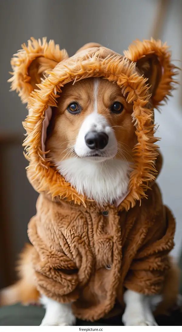 A cute corgi dog wearing a lion costume