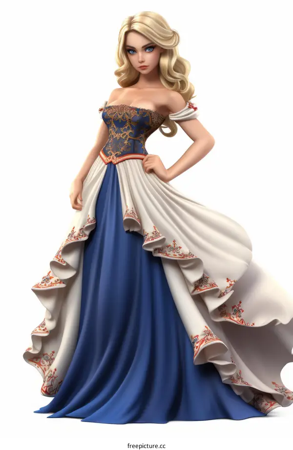 Gorgeous Blonde Woman in Blue and White Evening Gown