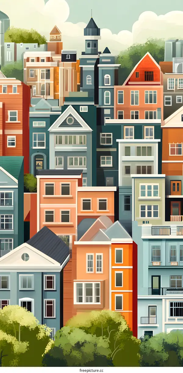 Colorful Cityscape Illustration with Houses and Trees