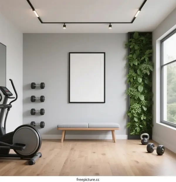 Modern home gym with fitness equipment and green plant wall
