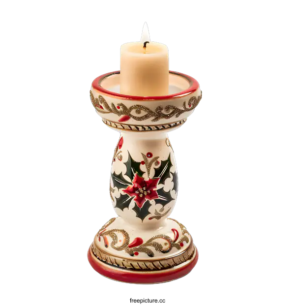 [Transparent Background PNG]White Ceramic Candle Holder With Red And Green Christmas Design