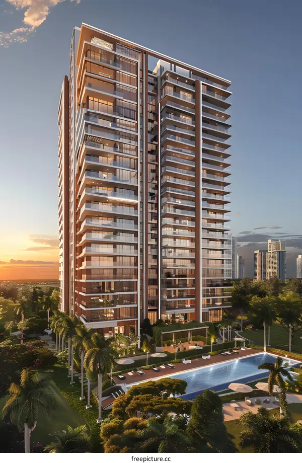 Modern apartment buildings with swimming pool and palm trees