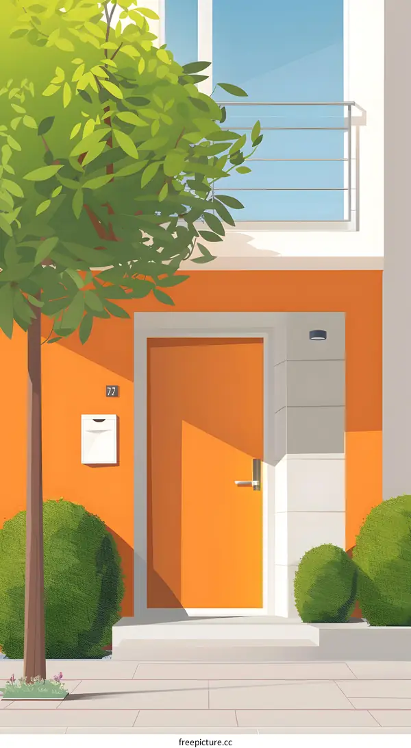 Modern House Exterior with Orange Door and Green Bushes