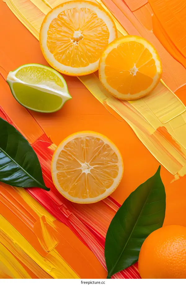 Orange and Lime Fruit Slices on Orange and Yellow Background
