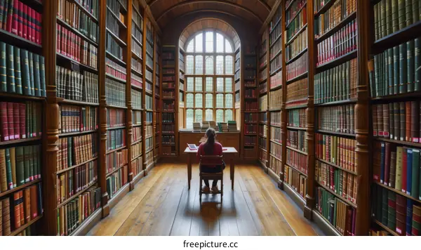 Female student studying in a library with wooden shelves full of books