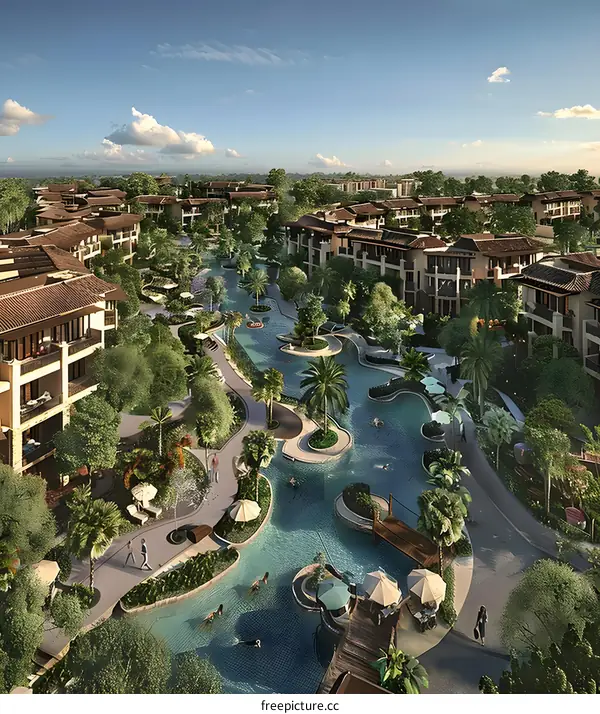 Luxury Resort Aerial View With Winding Pools And Palm Trees