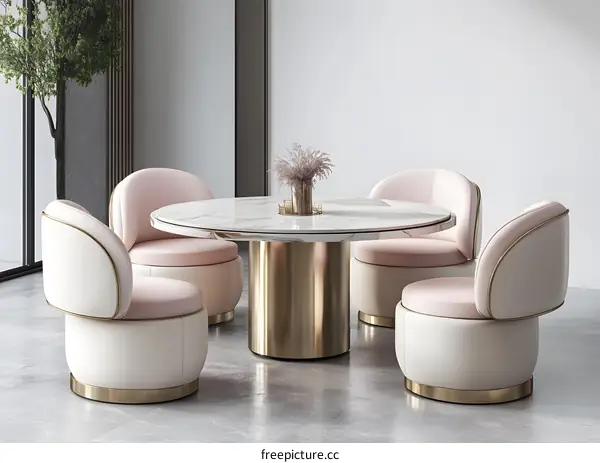 Modern Dining Room Design with White and Pink Chairs and a Marble Table