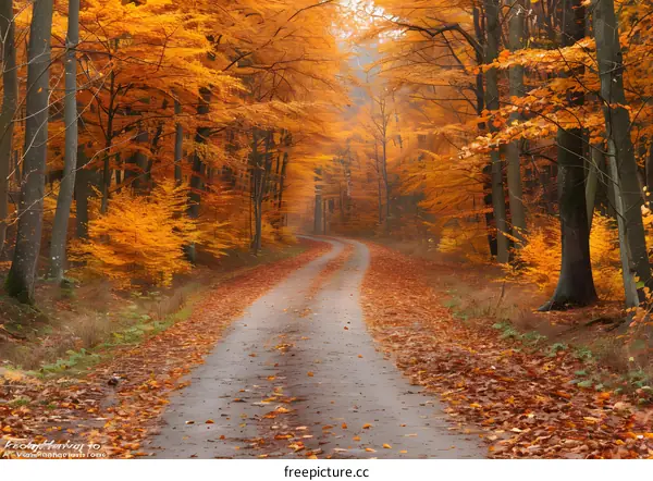 The colorful path through the autumn forest