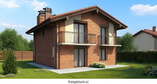 Brick Two Story House with Balcony and Yard