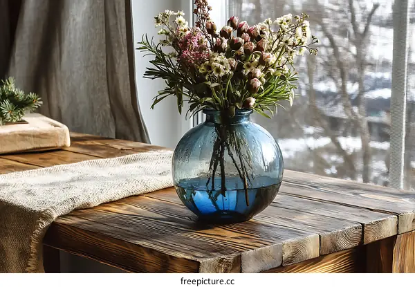 Rustic Wooden Table with Floral Arrangement by the Window