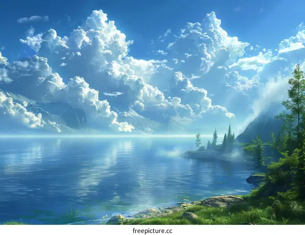 Mountains and trees by a lake