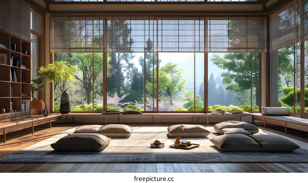 A beautiful living room with large windows looking out onto a lush garden