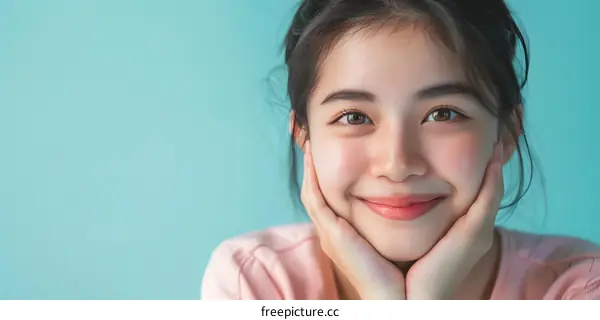 Portrait of a Beautiful Asian Woman with a Soft Smile and Pink Shirt