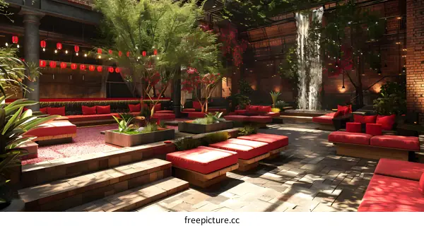 Courtyard with red cushioned seating, trees, waterfall and brick walls