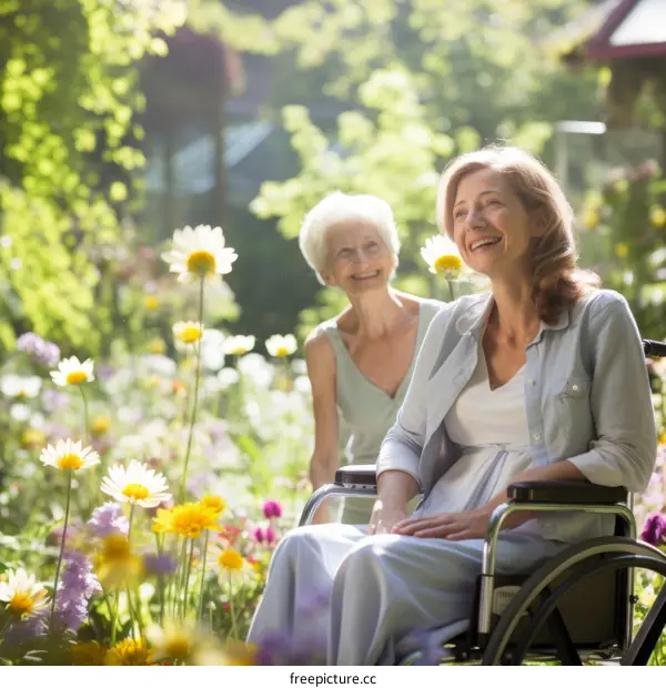 A woman in a wheelchair and her caretaker in a garden