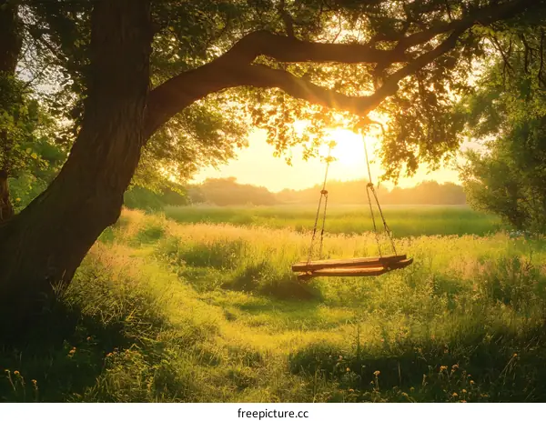 Swing Set in a Field at Sunset