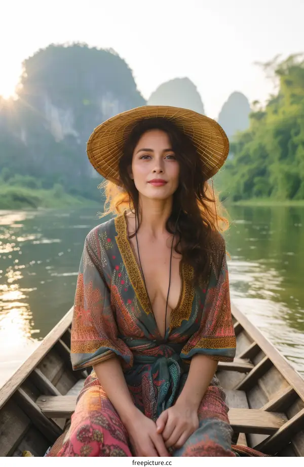 beautiful woman in straw hat relaxing in boat on river with green mountain background