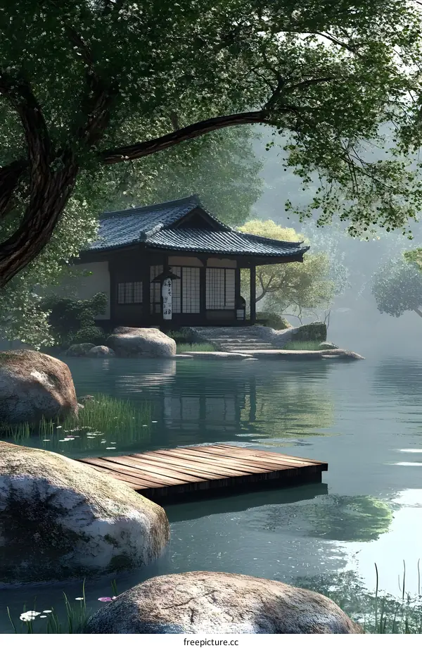 Traditional Japanese House and Garden with Wooden Dock and Pond