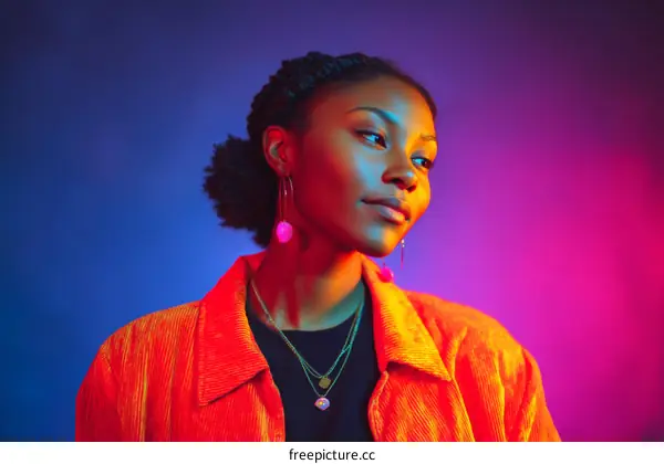 Stylish Black Woman Portrait with Vibrant Lighting
