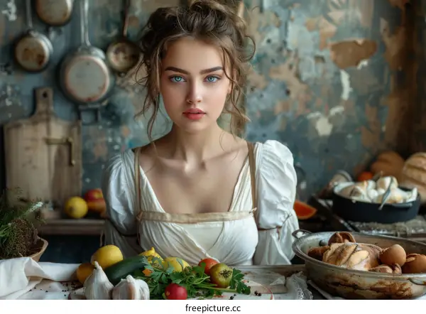 Young Woman Cooking in Rustic Kitchen