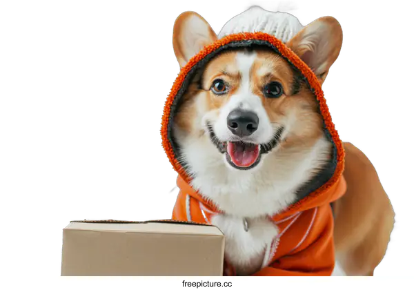 [Transparent Background PNG]A cute Shiba Inu dog wearing an orange hoodie is sitting in front of a cardboard box with a happy expression on its face.