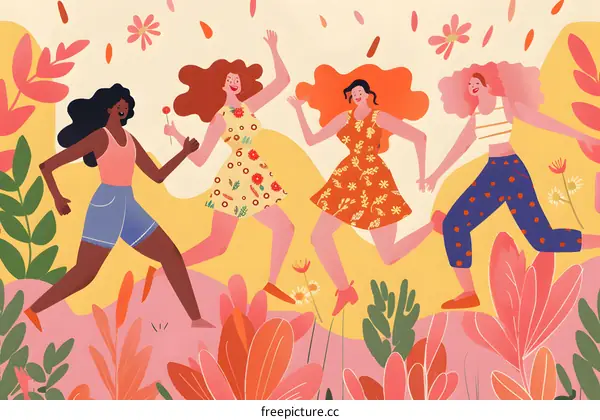 Four Women Running Through a Field of Flowers
