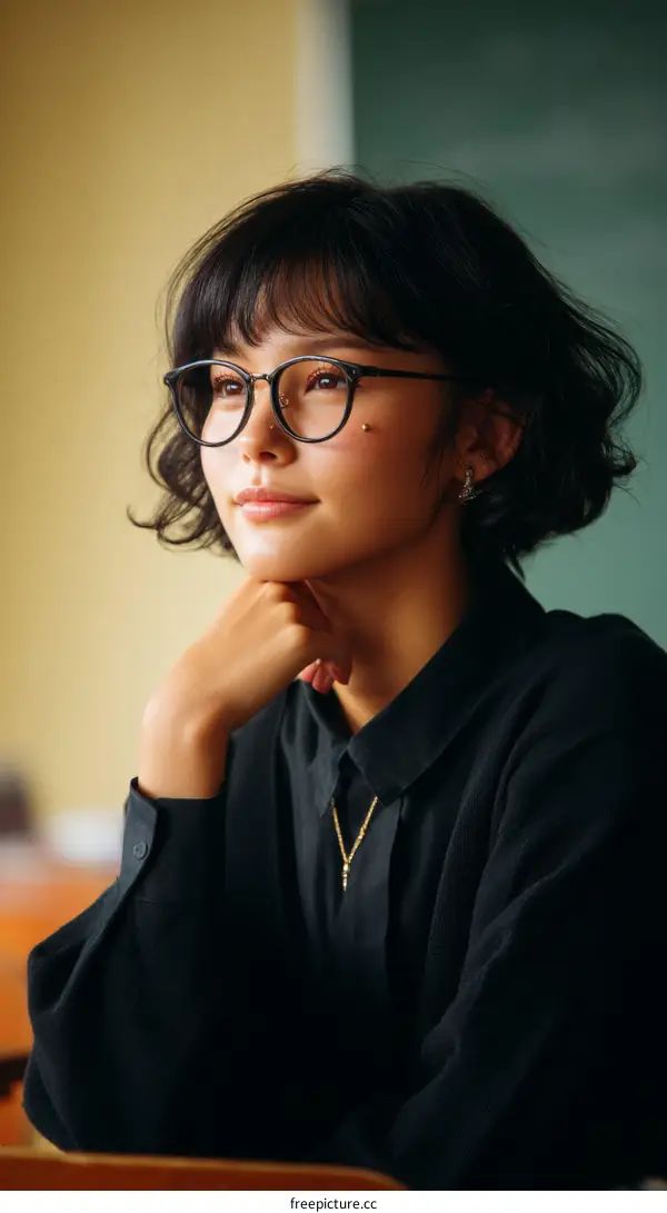 Thoughtful Asian Woman in Glasses