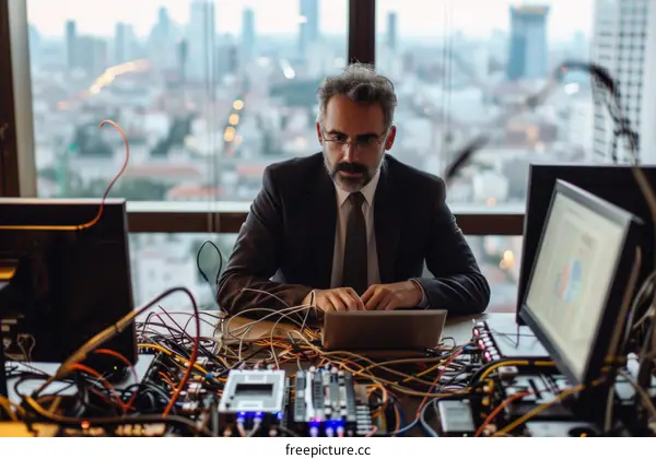 Middle-aged male cybersecurity specialist works on a laptop surrounded by computer hardware in an office.