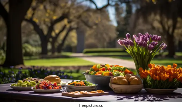 A beautiful picnic in the park with a colorful variety of food