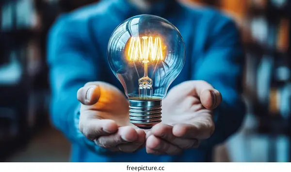 Hand Holding a Glowing Light Bulb Concept of Innovation