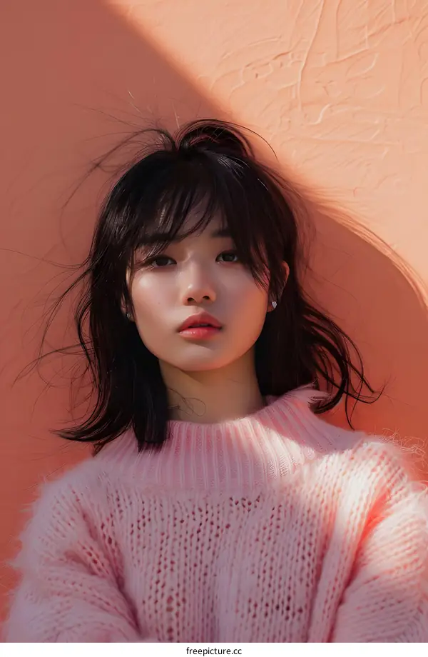 Portrait of a Young Asian Woman Wearing a Pink Sweater