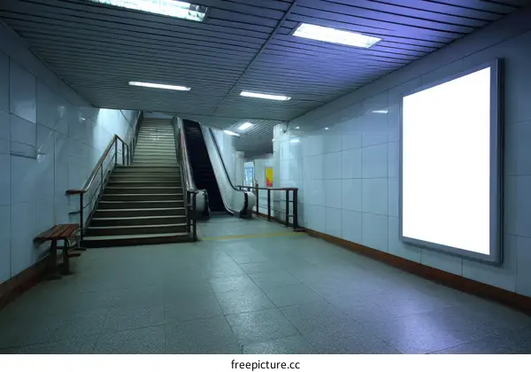 Underground Subway Corridor with Blank Advertisement Board