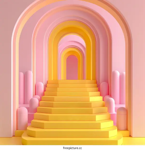 Pink and yellow pastel color 3D rendered background with stairs and archways