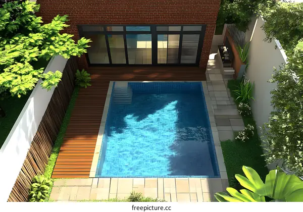Aerial View of a Modern Backyard with a Swimming Pool and Deck