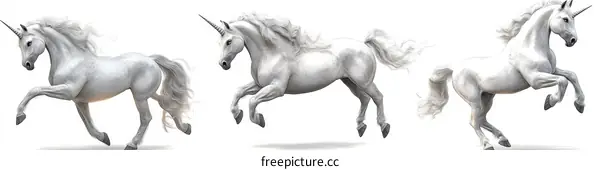 Three White Unicorns in Dynamic Poses