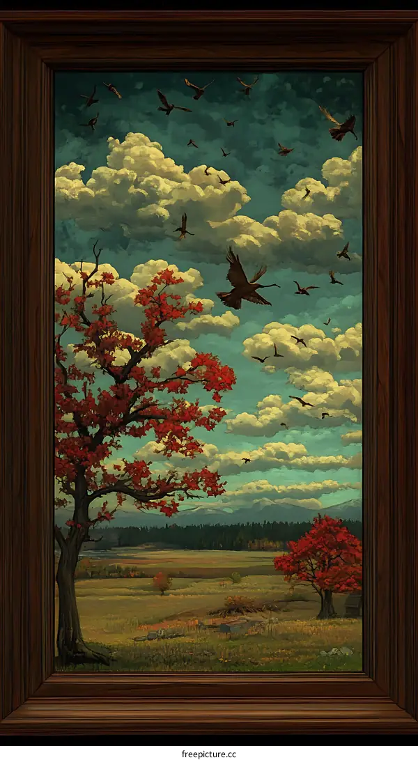 Framed Painting of Autumn Landscape with Birds
