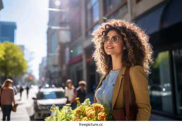 A curly-haired woman is walking down the street carrying a basket of flowers