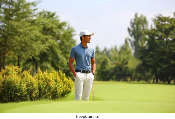 Golf Player on Green Course with Trees