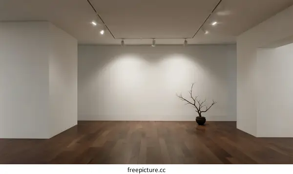 An empty modern gallery space with a bare tree branch as an art piece