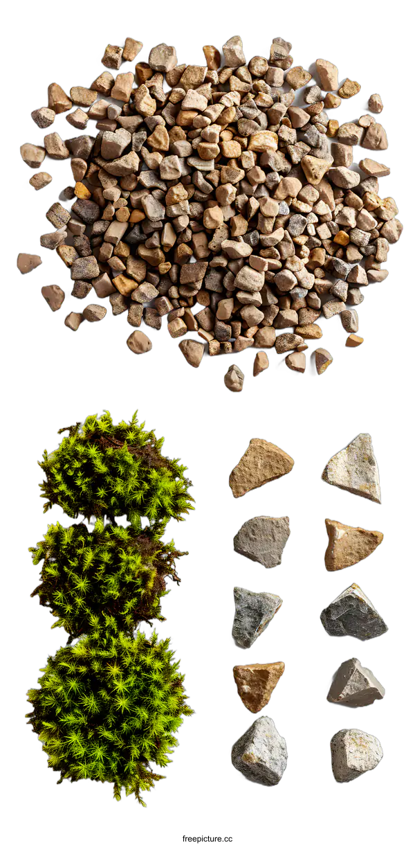 [Transparent Background PNG]Green Moss and Gravel Stones on White Background