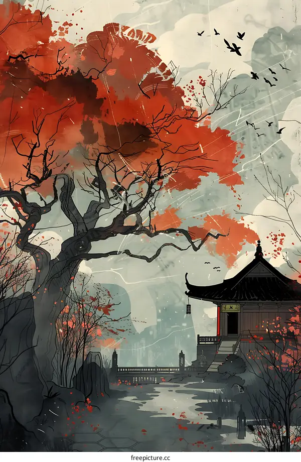 Watercolor Painting of Japanese Style House with Red Tree